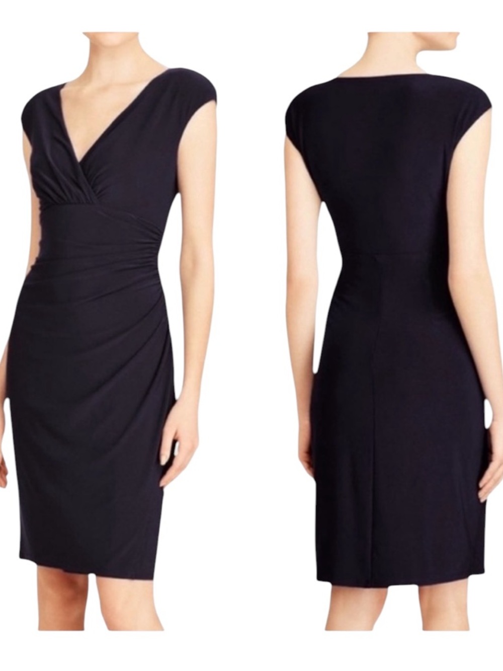 Ralph Lauren Adara Sheath Dress Black V Neck Sleeveless Jersey Midi Stretch 4